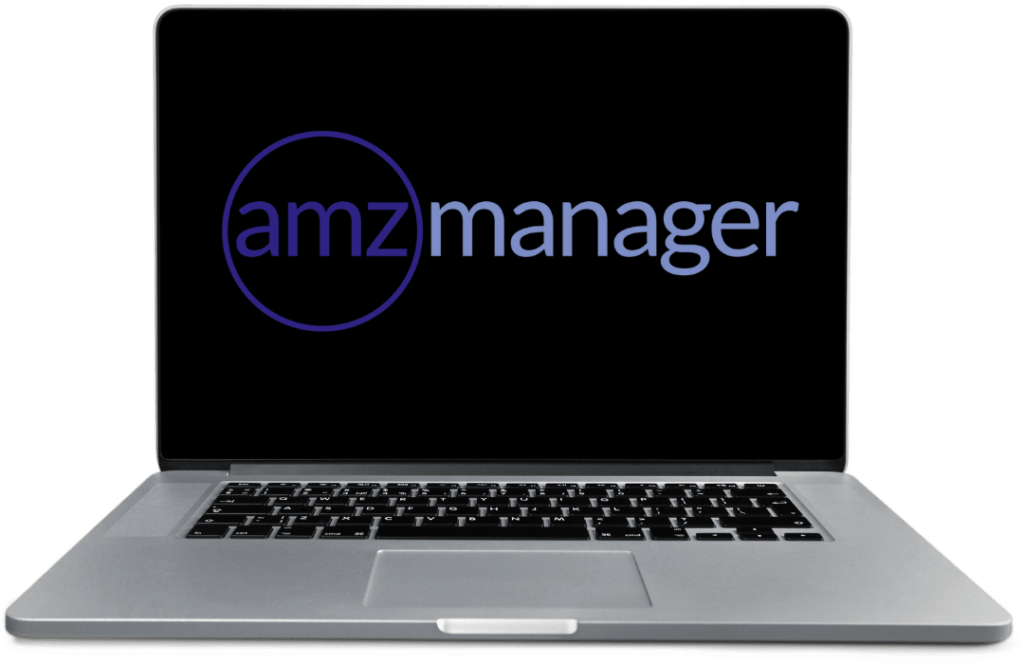 Das Logo der Amazon marketing Agentur AMZManager. Das Logo ist ein Schriftzug in blauer Farbe. Das Logo wird auf einem Laptop eingeblendet.